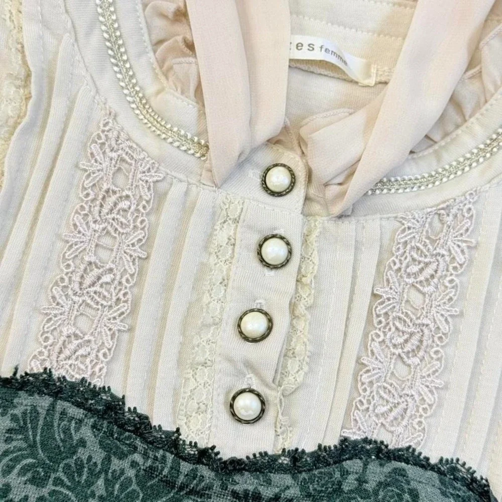 Axes Femme Jacquard Corset Blouse Lace Bow Himekaji Womens Medium green - Picture 2 of 8